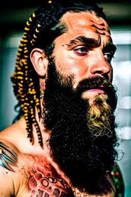 close up photography, top view, 35mm lens, burly muscular gipsy 38 years old dreadlocks, bearded , falling milk, lot of dripping milk in the face, wet of milk, milk splashing, big drop of milk, lot of milk dripping in the face, dripping milk on the beard, tattoo, closed eyes, manly chest, Canon EOS, lens 35mm, natural lights, 8K, sunlight, photorealistic, 8k