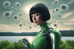 Photo of a skinny woman with a black bob hairstyle, in a green and silver android suit, looking at flying dandelion heads with octopus tentacles looking out over a lake, in an alien forest, with tall narrow cloud trees