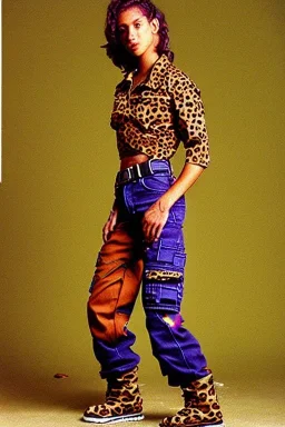 year 1997 denim fashion, Techno, "combat pants", cargo, Loose fit, low waist, baggy. Colors: denim blue, blue, purple, khaki, light green, lilac, plum, orange, terracotta, red, pink, dark blue, beige. Patterns: cheetah, balls, stripes. cheetah belt. Something between camouflage and cheetah prints. Women models. Sharon Stone, Sandra Bullock, Winona Ryder, Milla Jovovich, Big tennis shoes on. Latex in small part, areas, clothes..Combat pants. Leg warmers.