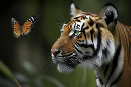 tigre qui observe en louchant un papillon posé sur son nez