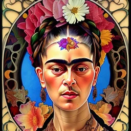 A beautiful portrait of Frida Kahlo by alphonse mucha, japanese tatoos, 4k, high details