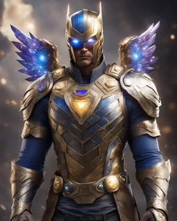 An armor made of a mixture of steel and leather, worn by a strong commander with magical power infinity gauntlet has six infinity stones And two big wings on his back