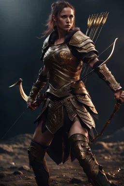 female warrior aiming a bow and arrow wearing bronze half armour dark fantasy Realistic 4k