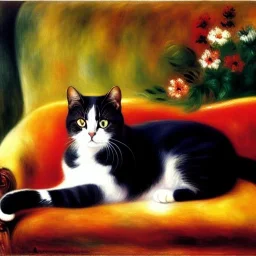 portrait of a Cat in a sofa,by Pierre-Auguste Renoir, no frame, no signature,cinematic composition, extreme detail,fit full body inside picture,8k