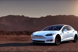 A Tesla 'Model S' is parked, in the Mojave Desert. (CINEMATIC, WIDE ANGLE LENS, PHOTO REAL)