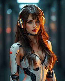 Full body Beautiful woman super model brown long hair wearing earphones science fiction style humanoid half with full body cyborg mechanicals and cybernetics lights,she on standing sweet pose