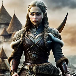 only perfect emilia clarke, fly hair, viking, village, background dragon, highly realistic, highly detailed, viking clothes, mist around, smoke