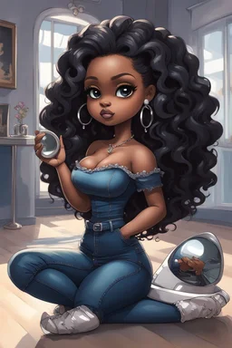 Create a futurism magna art of a black chibi curvy female sitting on the floor looking at herself in a hand mirror. She is wearing tight blue jeans and a black off the shoulder blouse. Prominent make up with lush lashes. Highly detailed long wavy hair. She is also wearing silver large hoop earringsart of a black chibi curvy female sitting on the floor looking at her cell phone. She is wearing tight blue jeans and a black off the shoulder blouse. Prominent make up with lush lashes.