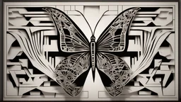 A striking monochrome stencil artwork featuring a butterfly, meticulously crafted with intricate geometric shapes. The butterfly's wings are composed of interlocking triangles and squares, forming a bold and striking pattern that contrasts sharply with the smooth, blank background. The overall design embodies modern, urban art with a minimalistic touch, creating a captivating and distinctive visual experience