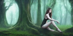 beautiful sensual lady, meditating in a enchanted forest, fotorealistic, high quality, landscape