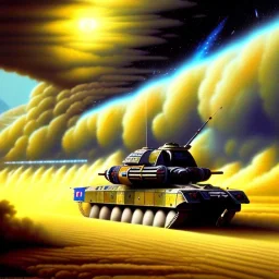 Chris Foss painting of a battle scene with an armored hovercraft-tank in the desert with stormy skies and a duststorm