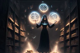 full-height shot of a woman in black holding up small glowing symbols, inside a large magic book shop