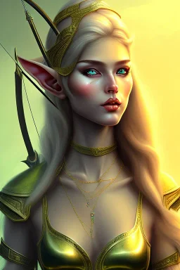 Archer elf female, 90-60-90 high detail, High definition, long gold hair, crow from white gold, emerald choker