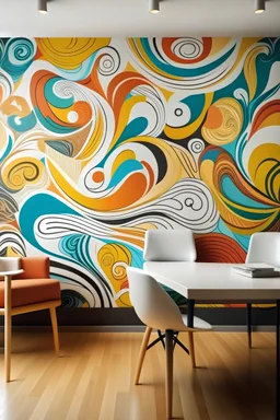 Generate a Handpainted line art wall mural depicting abstract swirls and shapes representing various emotions like joy, sadness, and anger, symbolizing the human experience. Mockup: Therapist's office with the mural creating a safe space for expression.