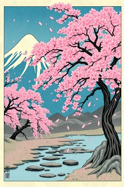 japanese landscape with sakura petals falling from trees hokusai style