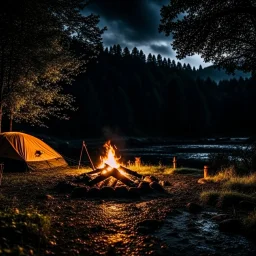 Dark rainy night with campfire and nature