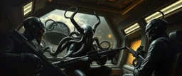 master oil painting by Rembrandt, black glistening slimy octopus insectoid Nephilim tribe trauma watchers commando in spaceship, in the style of Giger
