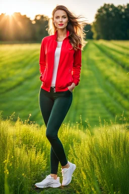 fullbody shot of young-beautiful-girl-with-a-perfect-face wearing sport pants and sport red blouse and sport jacket and shoes standing in country side green field day lights