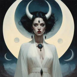 Pale nude Demonic Woman in open White Robes With Black Curved Horns. Ethereal Moonlight. Beautiful; Tragic; Delicate; Nightmarish; Eldritch; Detailed; Complex; Deep Colors; by Tom Bagshaw, by Michael Kaluta, by Beeple, by Todd McFarlane, by Ralph Steadman