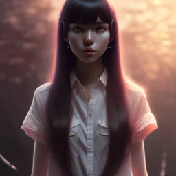 Japanese girl with big brown eyes and long black hair with bangs, cute, beautiful, high quality, insane detail, by Greg Rutkowski, straight bangs, Asian, pink shirt, foreword facing, looking at viewer