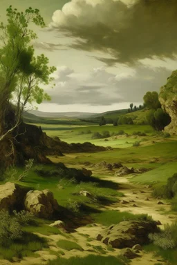 An olive green wasteland near an abandoned plague town painted by Gustave Courbet