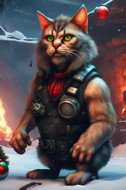 neanderthal strangle hold cyberpunk cat xmas with club and cave fire in the style of fallout 4