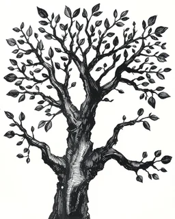 Abstract primitive tree composed of organic bark and leaf textures, fragmented into interlocking sections of varying magnification (macro veins, branch close-ups, distant silhouettes), all fused with no boundaries; rough charcoal, angular limbs and leaves, each section using distinct hatching densities and mark systems, high-contrast black on white, naive cubist/raw sketch style, continuous bleeding collage, square frame, edge-to-edge. Colored in rich but soft earth tones with the blacks preser