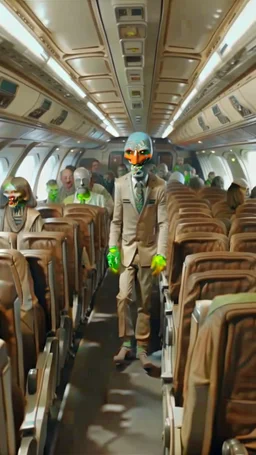 Brown and white old fashion photos from 1900 inside a commercial airplane an alien is walking in isle between the seats equipped with scared passengers cinematic , real , 8k,