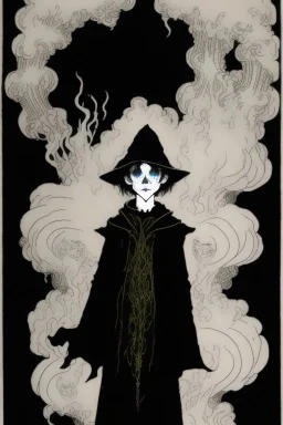 7 year old boy, necromancer, friendly, looks dead, surrounded by weird smoke with eyes, wearing black robes, in the style of Harry Clarke