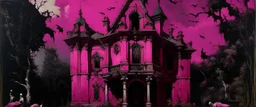 A dark purplish magenta mansion with bats painted by Giovanni Battista Sassi