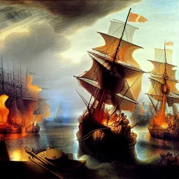 Dibujo de una batalla naval con estilo de Rembrandt