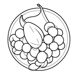 bold and easy Coloring page for toodlers, with a simple grape on plate, very Bold outlines and white background, minimum amount of details, very simple, very thick outlines