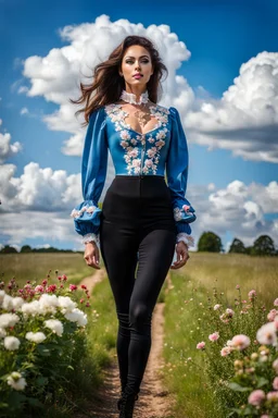 fullbody girl makeup wearing a victorian top and tight pants walking in country side ,flowers ,pretty clouds in blue sky