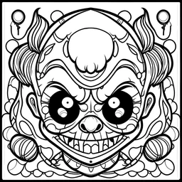 create a 2d black outline, " kawaii psycho clown coloring book for kids", coloring page, low details design, black contour, coloring page design, colorful , card style, coloring page for kids, halloween backgorund,sketch style,