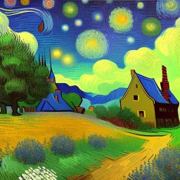 Dibujo al oleo de una pradera con una casa y un oso con muchas nubes de colores estilo Vincent van Gogh