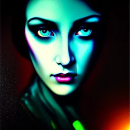 portrait oil on canvas, beautiful punk busty female Blade runner Replicant, intense stare, sad glowing eyes, post-apocalyptic in a cyberpunk city,minimal skintight latex dress, bladerunner movie poster, realistic, Crystal Big green eyes , intricate detail, , sci-fi fantasy style, masterpiece, volumetric lighting, particles, highly detailed ,cinematic , deep colours,8k, in the style of Simon Biesly