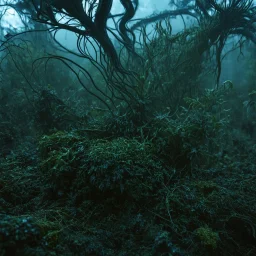 A daguerreotype-style close-up image of a surreal background inspired by Hieronymus Bosch and Max Ernst, featuring twisted organic forms, decaying botanical elements, and strange vegetal growths that seem to pulse with unnatural life. The entire scene is bathed in soft, ambient lighting that creates an otherworldly atmosphere, with areas of deep shadow contrasting against the pale, spectral glow of the figures.