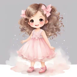 watercolor, full body, cute smile girl, curly hair, big eyes, long brown hair, pink dress, pink shoes, white backgrownd