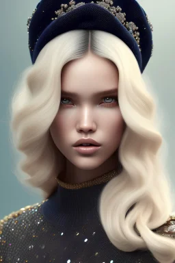 beautiful Sasha Luss with chunky knit sweater and Slouchy Beret,blonde long curly hair, intricate details, Photorealistic dramatic hyperrealistic criyng clown paint ,Crystal black eyes,Photorealistic dramatic by WLOP, Artgerm, Greg Rutkowski, Beautiful dynamic,shadows,Artstation,concept design art, Octane render,8K