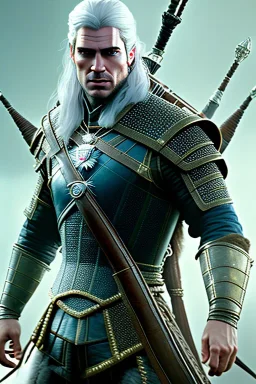 Henry cavil face, texture skin,Crystal yellow eyes, long white hair, wearing The witcher 3, realistic, 4k, intricate, best quality, fog particles, fire particles, octane render, vray, sword fire