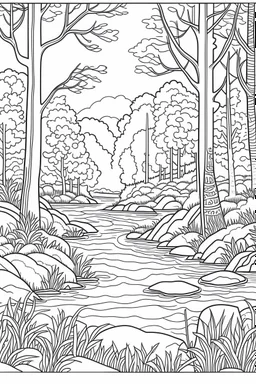 coloring page, woodland retreat, Peaceful Woodland Stream, full view, realistic, coloring page, only draw lines, coloring book, clean line art, –no sketch, color, –ar 3:4, white background, minimalistic black lines, minimal black color, low level black colors, coloring page, avoid thick black colors, thin black line art, avoid colors, perfect shape, perfect clear lines,