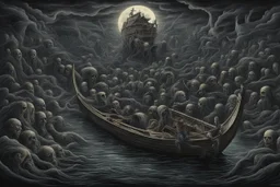 on the river Styx, in a special creepy boat, the boatman in the hood of Death, who takes the guilty people to the endless darkness, to hell on the boat, the crowd of crying, howling, begging dead, surreal style, dark colors, strange surreal nightmare landscape, high detail, sinister, surreal art, chillingly fascinating