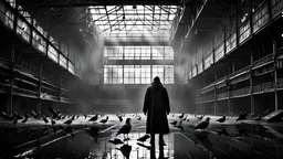 man inside dark extremely large sci-fi old hangar, pigeons flying in distance, dark room, rain, wet, ambient light, photographic, black and white