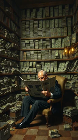 Bosch painting style nightmare, a rich man surrounded by a walls of money on the shelfs , sitting alone reading a newspaper