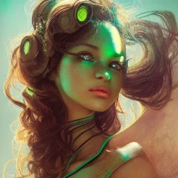 alien girl, cute, beautiful, long hair, curly hair, black hair, slim body, brown eyes, light green skin, turquoise dress, black tee shirt, green shorts, head and shoulders portrait, 8k resolution concept art portrait by Greg Rutkowski, Artgerm, WLOP, Alphonse Mucha dynamic lighting hyperdetailed intricately detailed