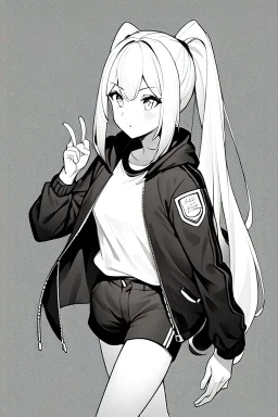 blonde girl with ponytails dressed in a jacket and shorts walks proudly, greyscale