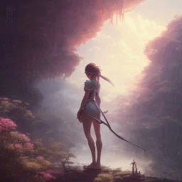 a girl looking to the sky, cinematic lighting, dramatic atmosphere, studio lighting delicate features finely detailed perfect art, at an ancient city, gapmoe yandere grimdark, trending on pixiv fanbox, painted by greg rutkowski makoto shinkai takashi takeuchi studio ghibli