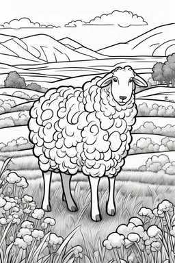 coloring page, sheep in a grassy meadow, cartoon style, thick lines, low detail, no shading