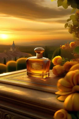 8k hyper-realistic and hyper-detailed image of picturesque harvest scene of fragrant herbs against backdrop of large and beautiful detailed Italian perfume manufactura setting, sun sets on horizon, casting beautiful golden light on entire scene, detailed with the utmost precision, air of warmth, beauty, and authenticity unique to this Italian perfume manufactura tradition