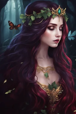 Burgundy hair, dark hair,dark red , rapunzel hair,very long hair,dark fairy princess,elven crown,night,dragonflies,beautiful,ong ashes,golden armor ,sparkle,night blooming,ivy,dark green,lilly of valley,golden elven crown